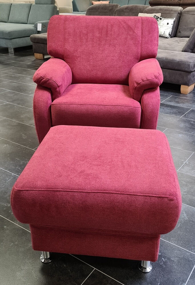 Zehdenick - Polstergarnitur KS 4975 Stoff Charly Red Rot Fuß Metall Alufarbig Silber Inklusive Hocker - 7