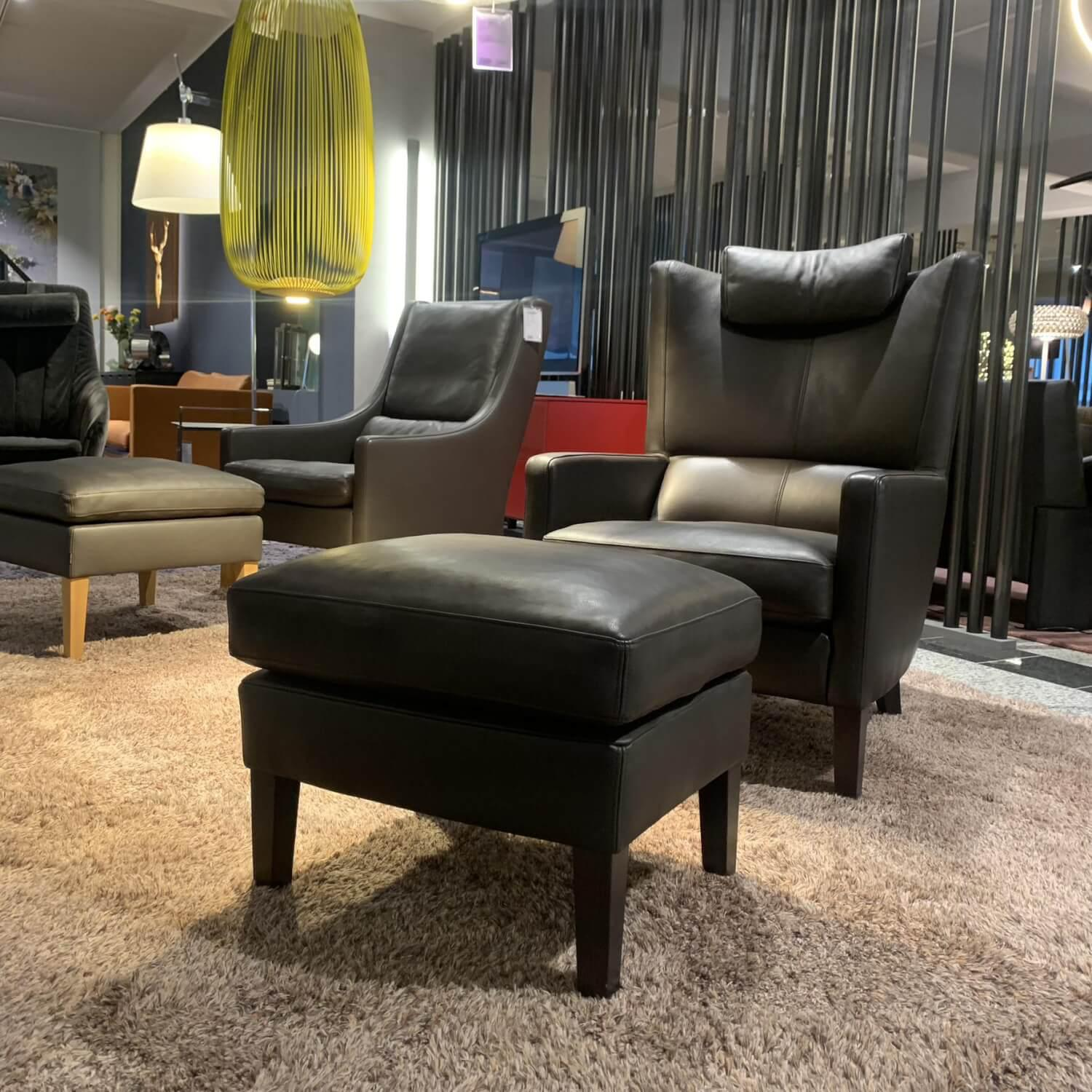 Werther - Sessel Premio Bezug Leder Schwarzbraun Gestell Massivholz Schwarzbraun Inklusive Hocker - 4