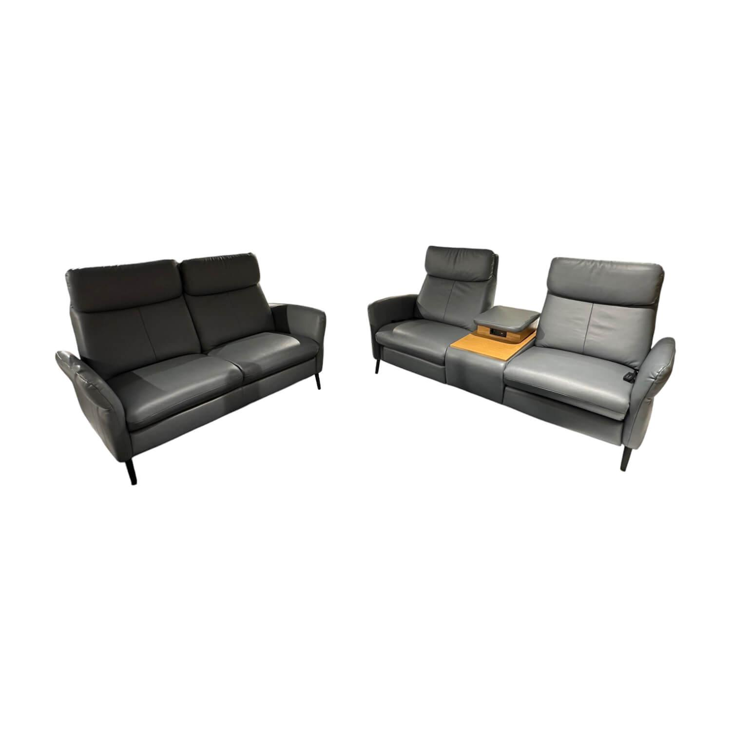 Natura - Garnitur Sofa Fresno Leder Mercury Blue Grey Blau Grau Metallfuß Schwarz Matt Mit Motorischer Relaxfunktion - 1