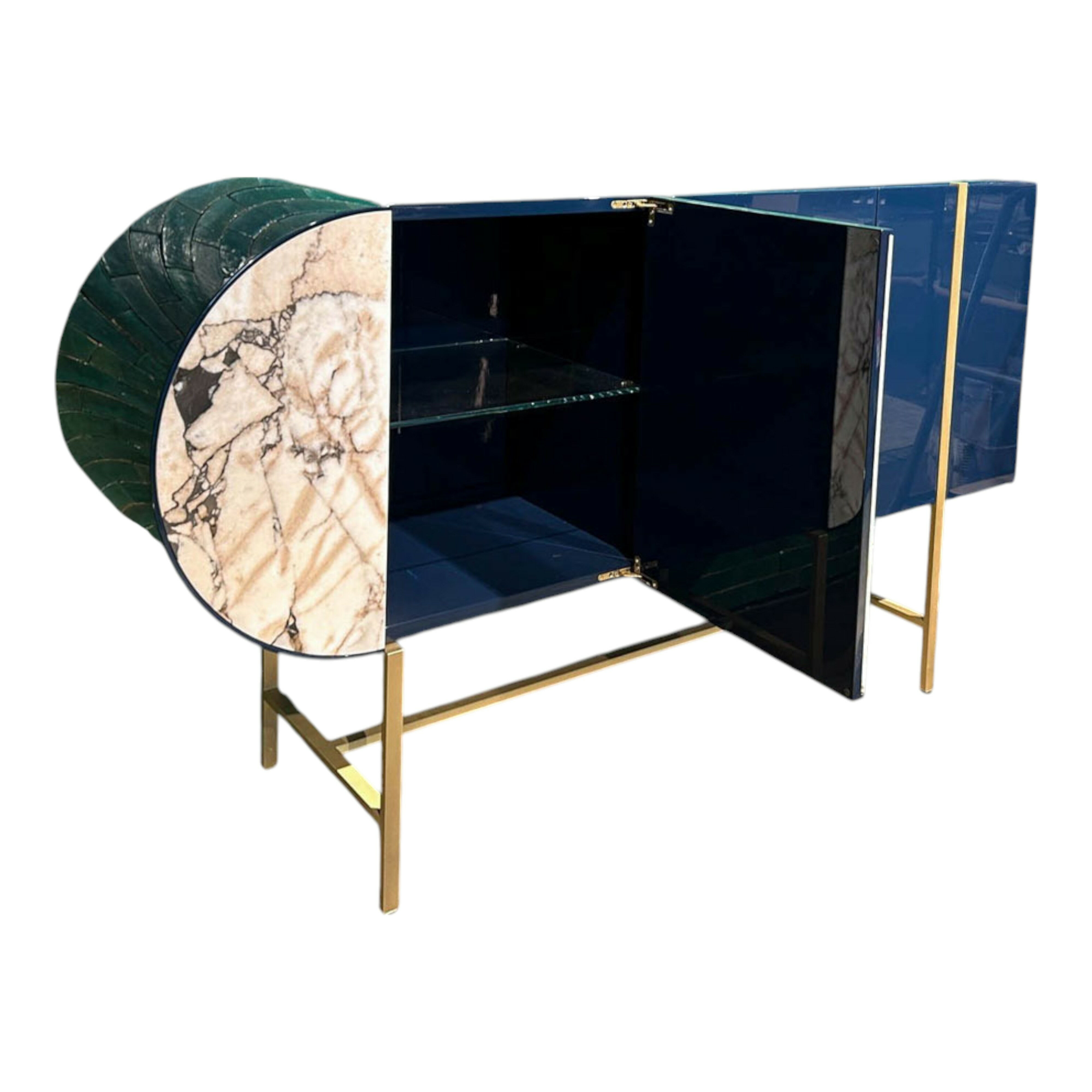 Baxter - Sideboard Selene Mobile Hochglanzlack Laccature Dunkelblau Einsatz Marmor - 1