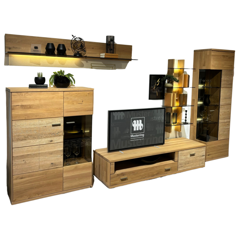 Musterring - Wohnwand Portland Wildeiche Bianco Glasfront Anthrazit  - 1