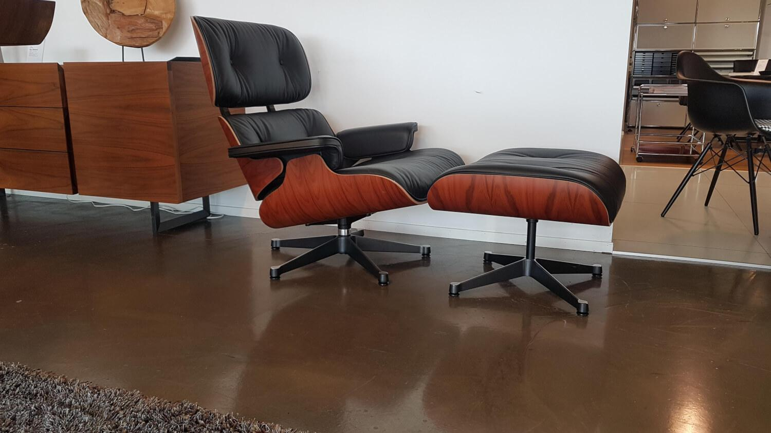 Sessel Lounge Chair Leder Premium Schwarz Holz Palisander Mit Ottoman