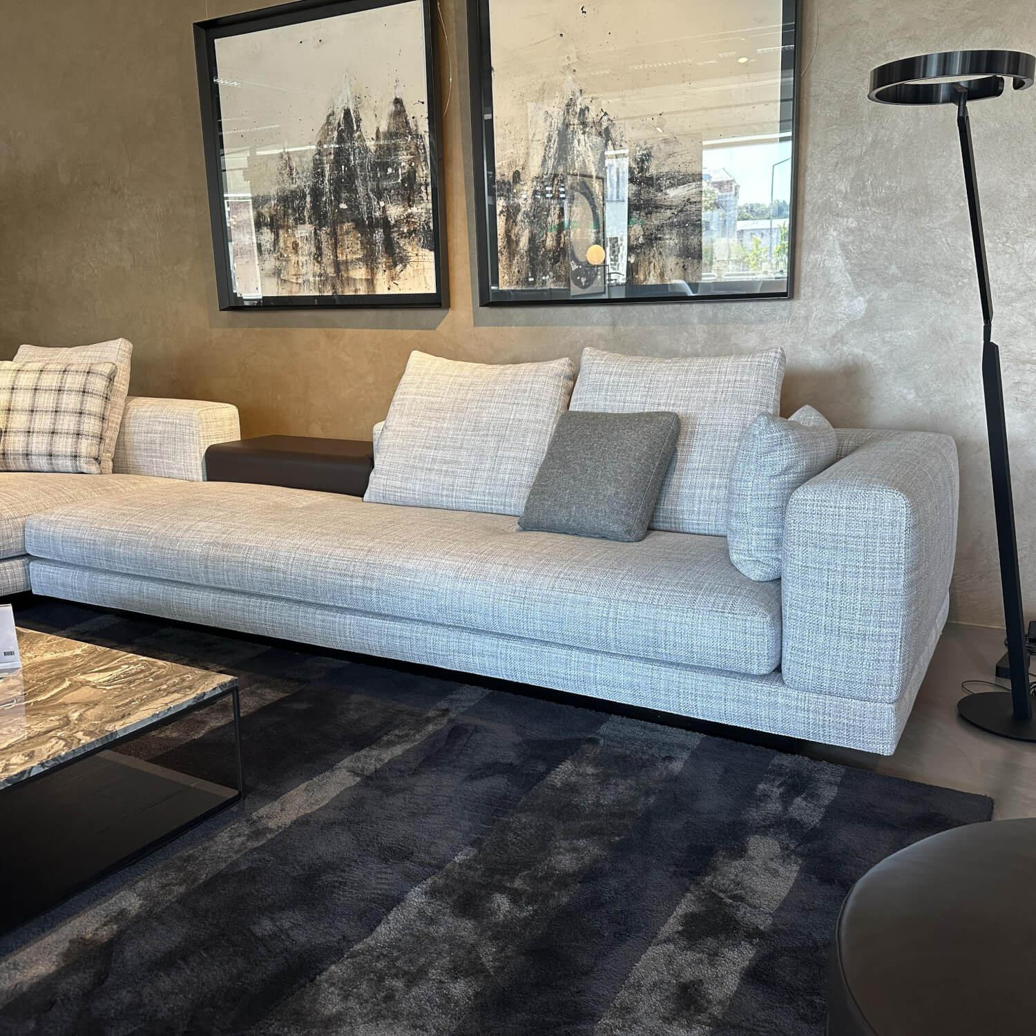 Minotti - Polstergruppe Connery Stoff Double 02 Ghiaccio Grau Ablage Leder Aspen Schwarz Mit Kissen - 5