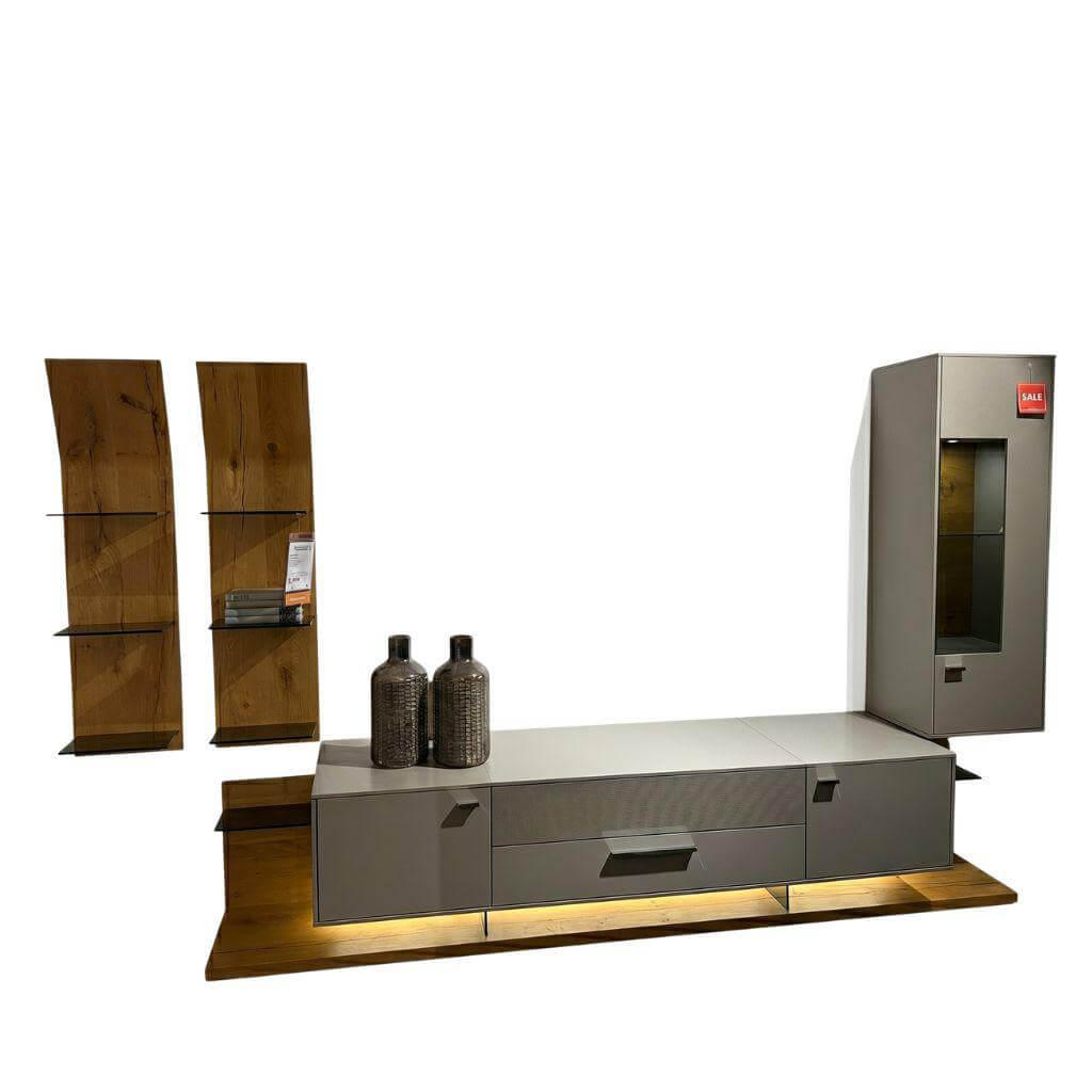 Gwinner - Wohnwand Kubo Media Lack Seidenmatt Fango Grau Holz Balkeneiche Honig - 1