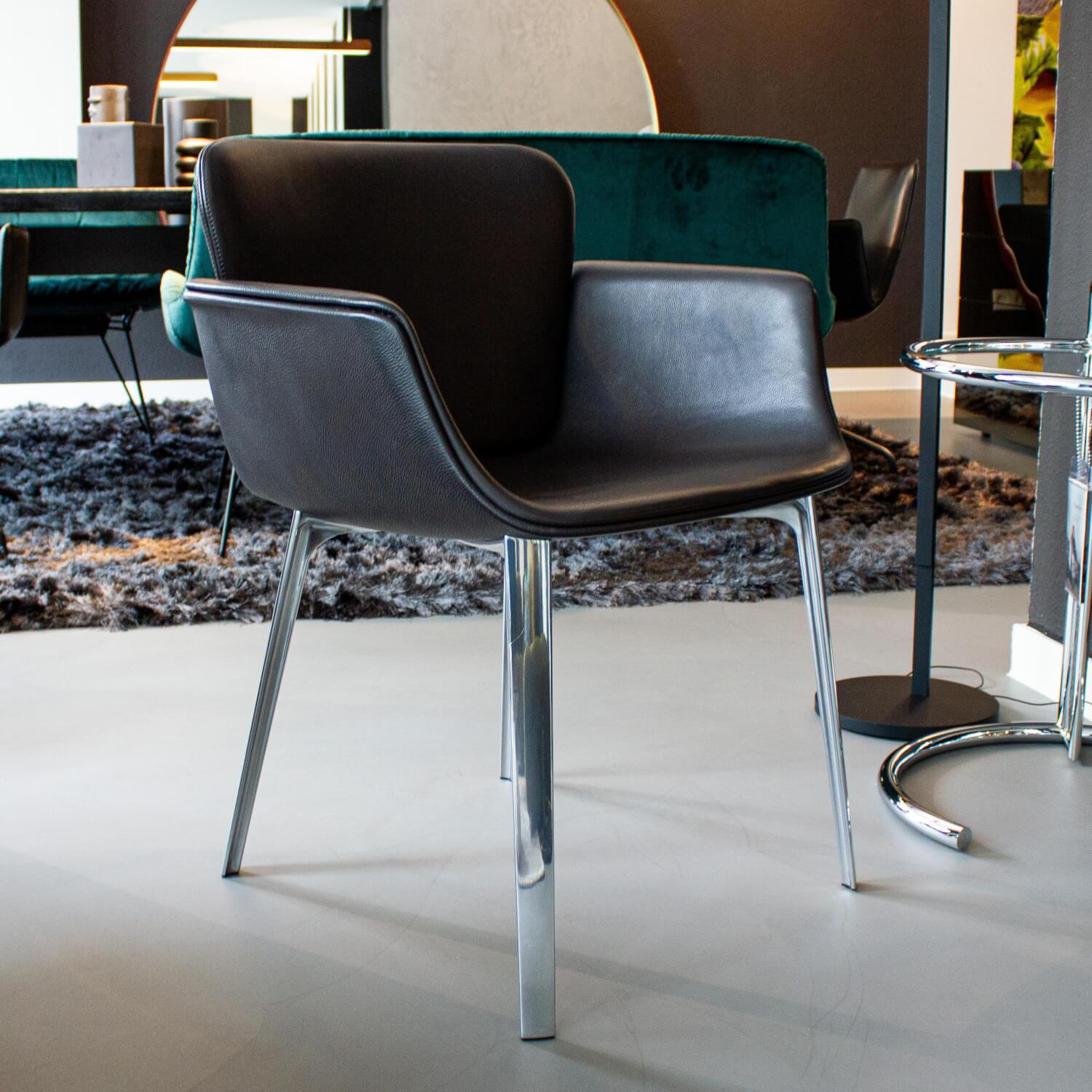 Knoll International - 4er-Set Sessel KN06 Bezug Leder Pelle Belllagio BEL02 Dark Brown Dunkelbraun Schwarz Gestell Aluminium Glänzend - 9