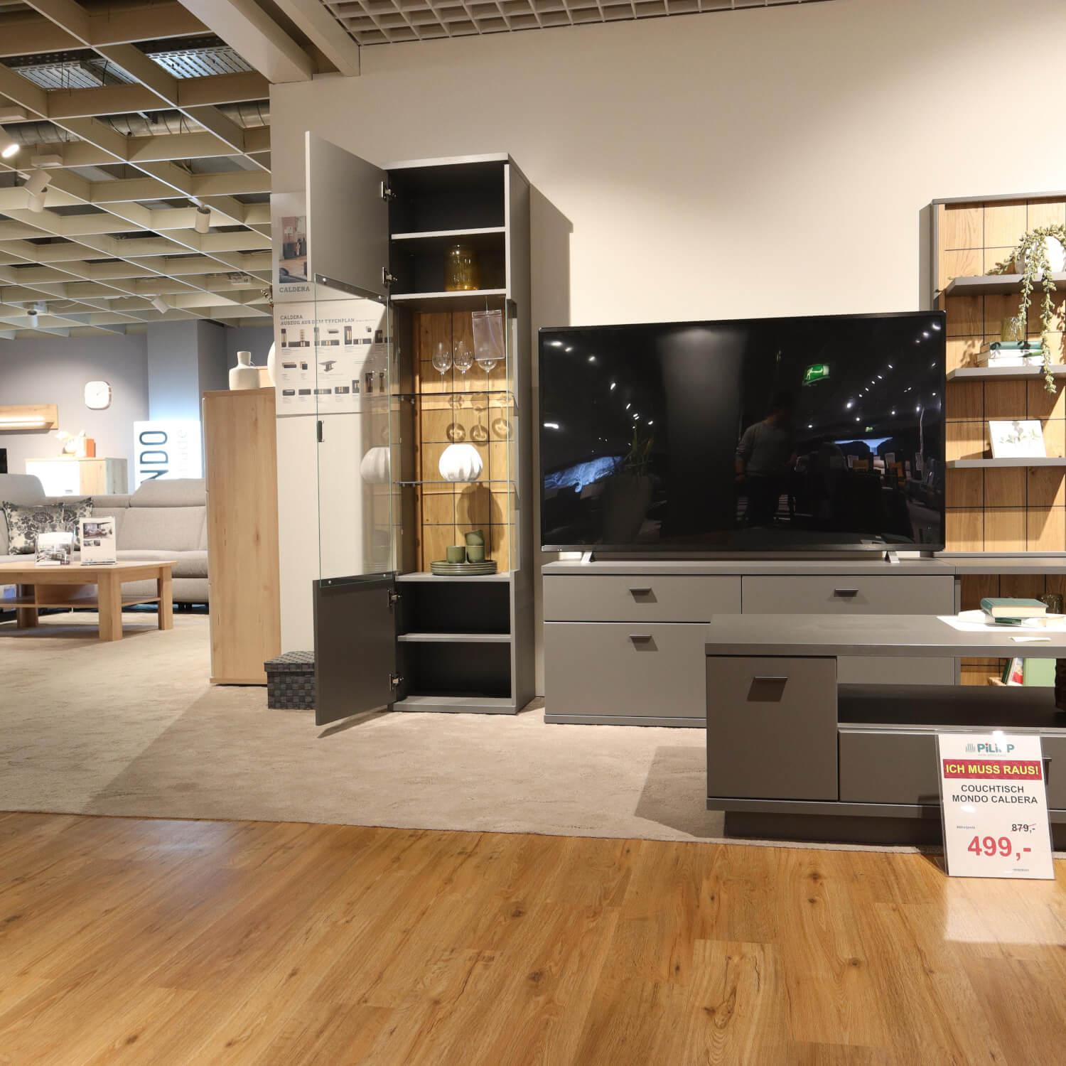 MCA - Wohnwand Caldera Klarglas Grau Wildeiche Gerillt Furniert Geölt Royal Grey Lackiert Metallgriffe Anthrazit - 4