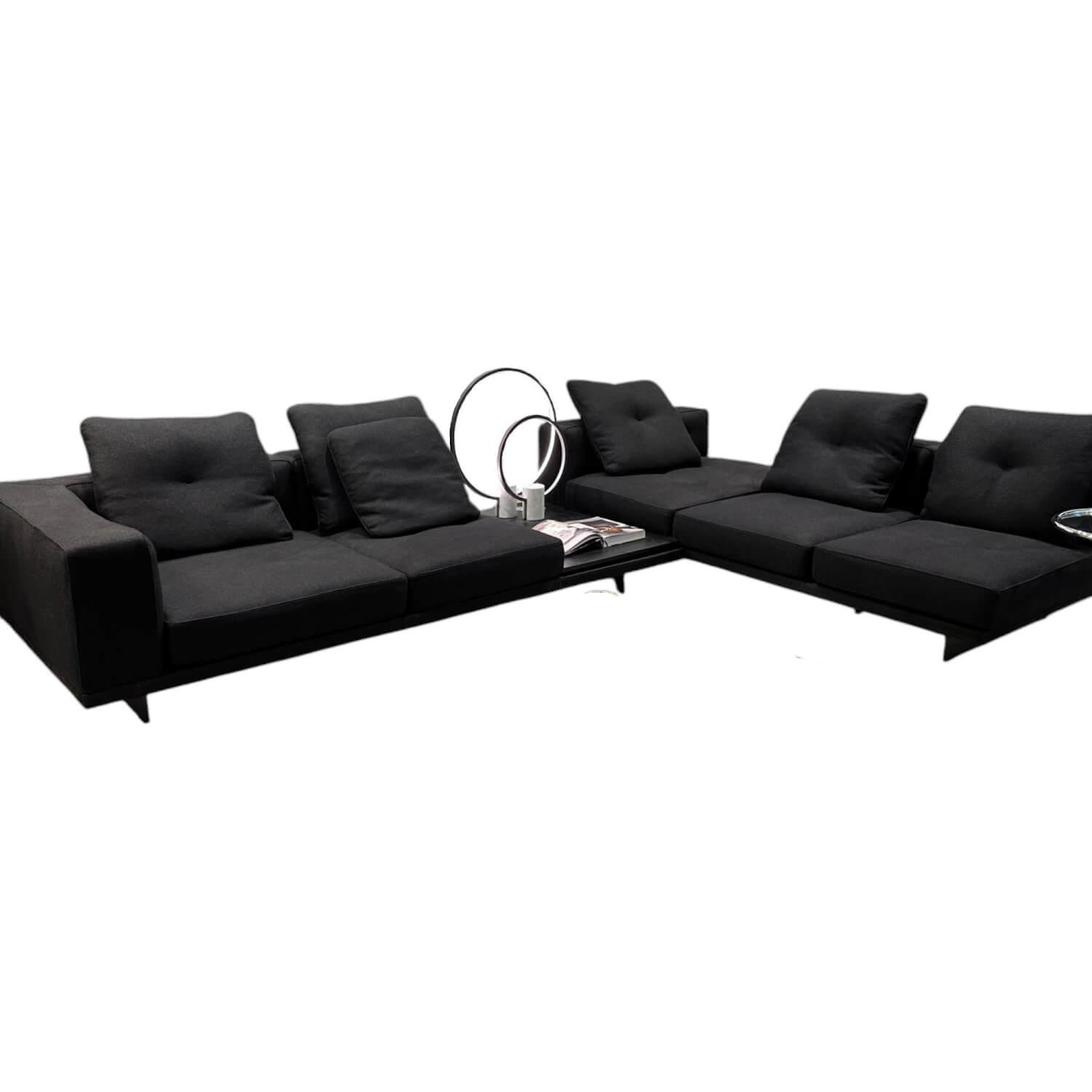 Minotti - Ecksofa Dylan Stoff Ginza 09 Nero Schwarz Basis Leder Nabuk 33 nero Schwarz Kufen Aluminium Zinnfarben Lackiert - 1