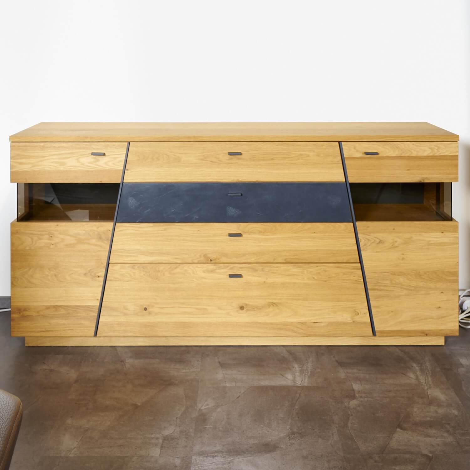 Wohn Concept - Sideboard 2021 Vollholz Wildeiche Furniert Mattlack Beton Griffe Metall Effektlack Matt Grey Grau Glas Parasolglas Braun - 5