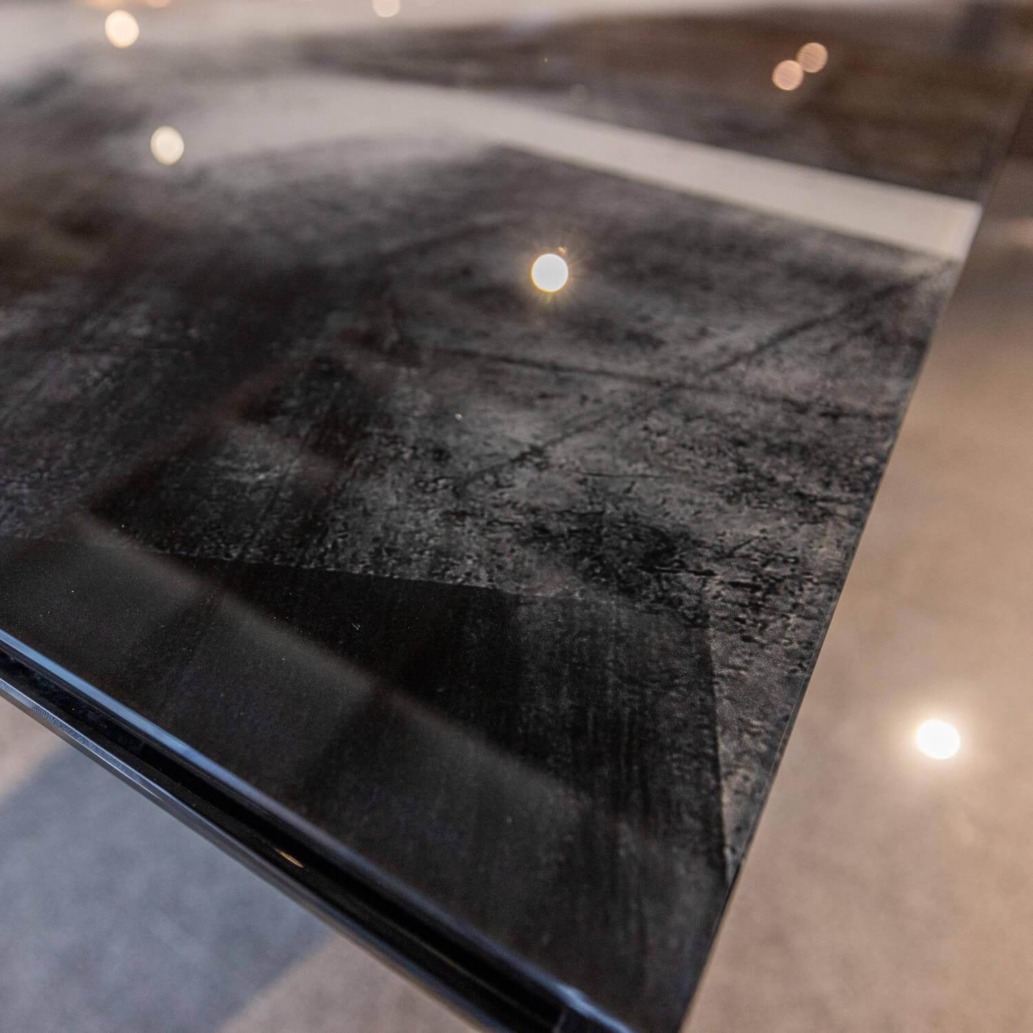 Esstisch WK 895 Platte Glaskunstdruck Grau Schwarz Gestell Stahlwange Gerundet Mit Öffnung Anthrazit Und Auszug