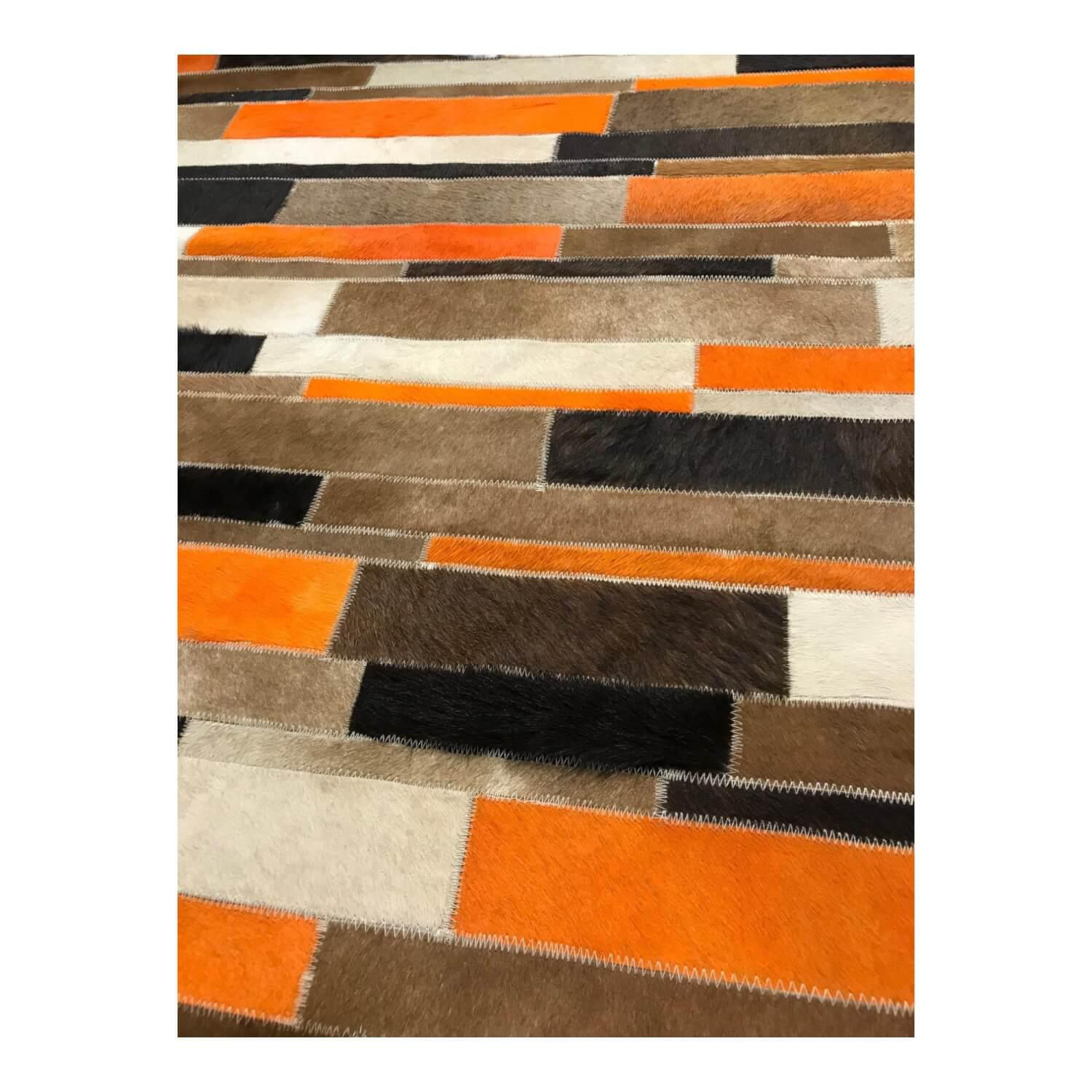 Teppich 37856 Brick Orange Aus Echtleder Kuhfell Gefärbt Orange Braun Schwarz Beige Unterseite Wolle Gewebt
