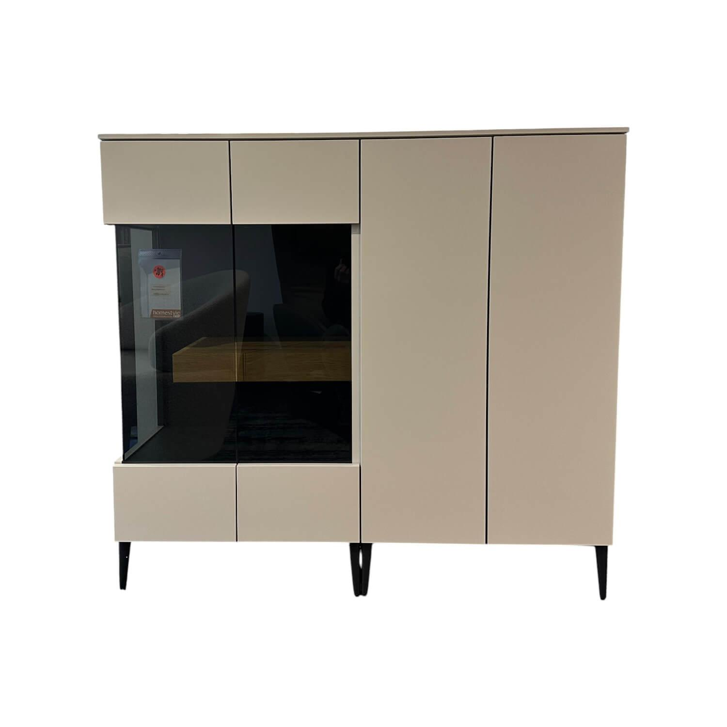 Loddenkemper - Highboard Minos Holz Furnier Mit Glaseinsatz Kristallgrau Grau Füße Schwarz Balken In Absetzung Rechts - 1
