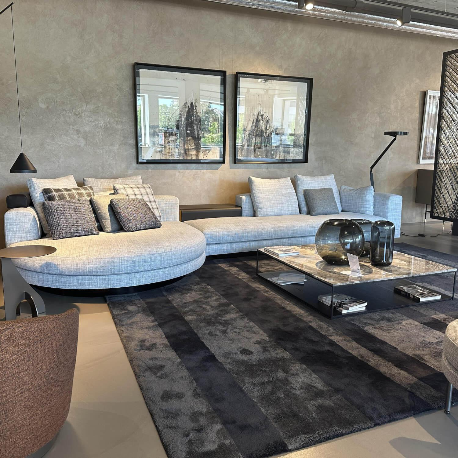 Minotti - Polstergruppe Connery Stoff Double 02 Ghiaccio Grau Ablage Leder Aspen Schwarz Mit Kissen - 11