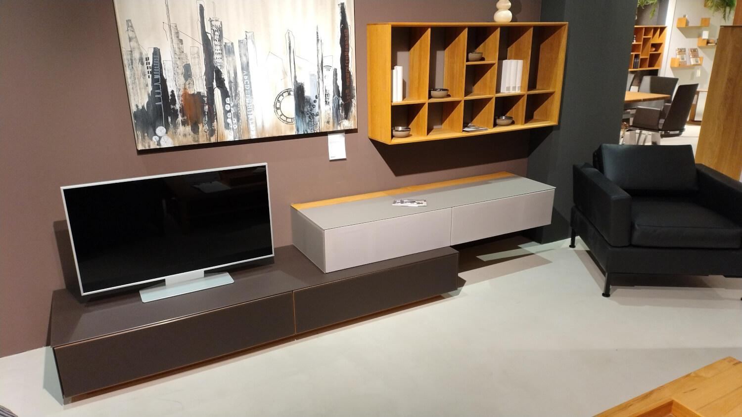 Mobilari - Wohnwand Cubus Pure Eiche Massiv Farbglas Grau Und Dunkelbraun - 4