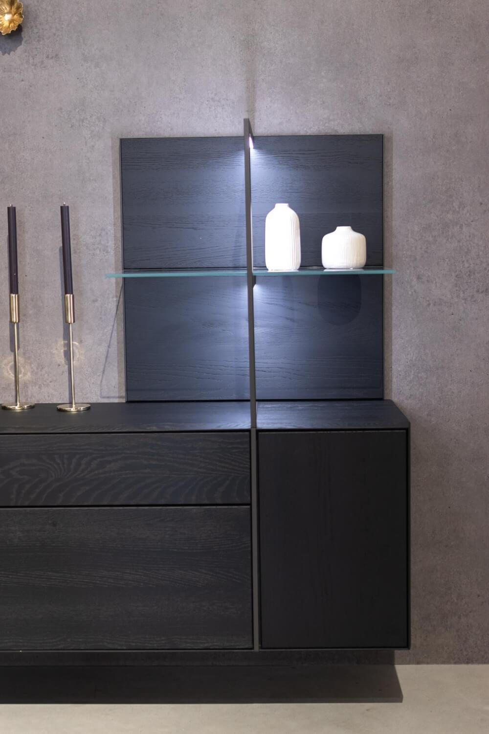 Hülsta - Hangelement Persis Massief eiken antraciet Reliëfglas antraciet Metalen frame roestvrij staal Met verlichting - 4