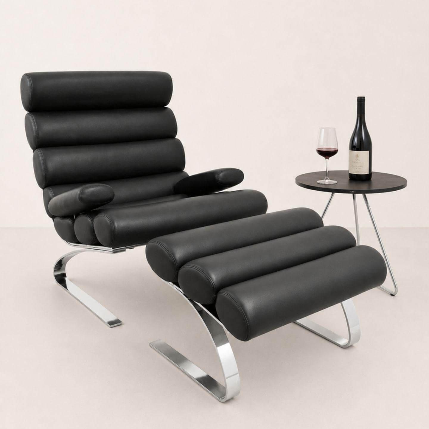 COR - Sessel Sinus Leder 286 Schwarz Kufe Chrom Glänzend mit Hocker - 2