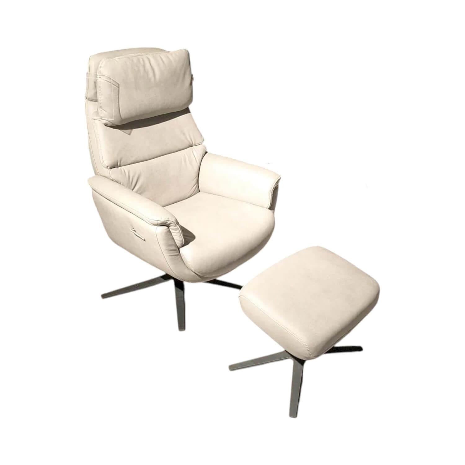 Hukla - Relaxsessel Henri Leder Cloudy Smoke Creme Weiß Grau Sternfuß Schwarz Inklusive Hocker - 1