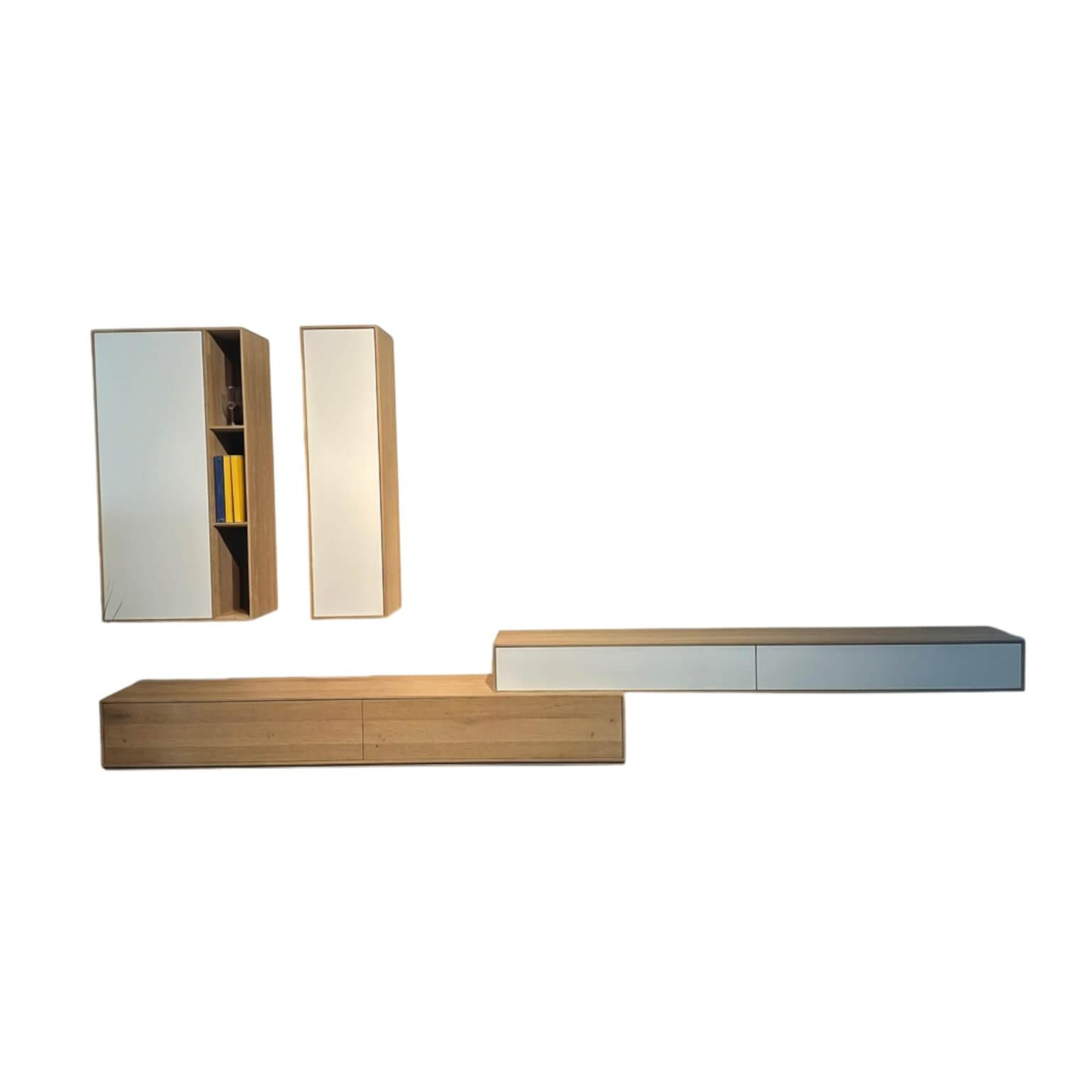 Rodam - Wohnwand Sigma Eiche Natur Weiß Pigment Geölt Und Glas Weiß - 1