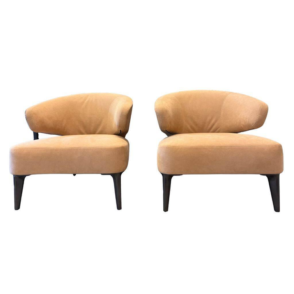 Minotti - 2er-Set Sessel Aston Alcantara Cipria Braun Beige Gestell Metall Zinnfarbig - 1