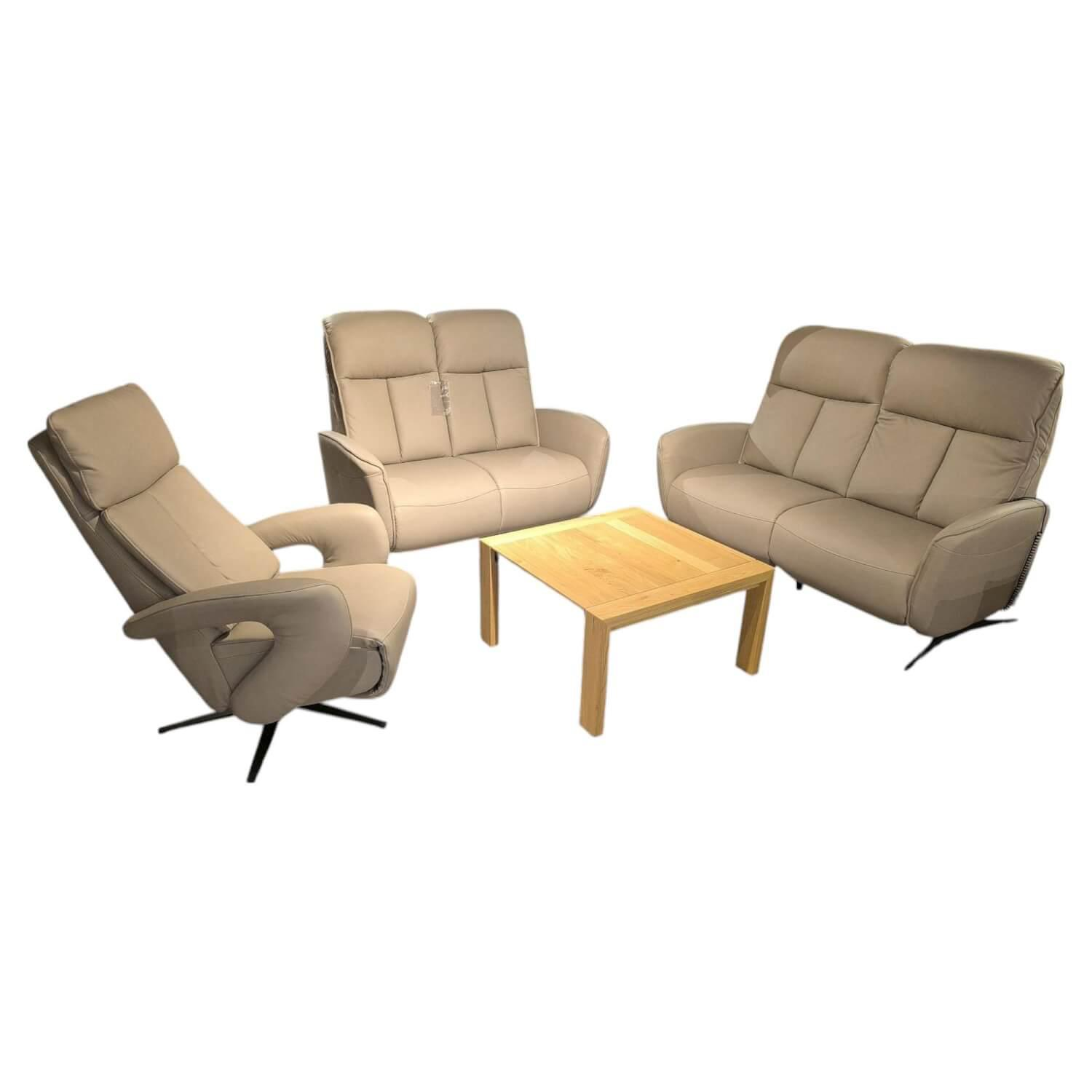 Hukla - Polstergarnitur Havanna Leder Credo Pearl Grau Beige Gestell Metallkufe Schwarz Inklusive Kissen - 1
