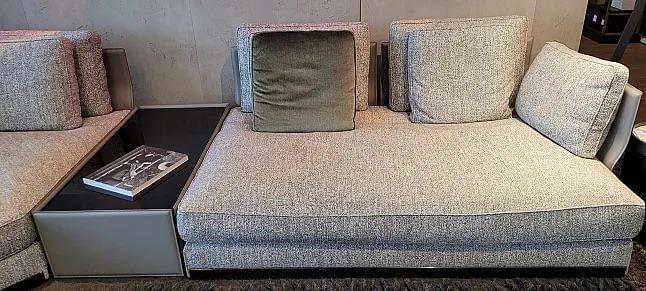 Minotti - Ecksofa West Stoff Fisher 04 Fumo Grau Rücken Kernleder Asche Grau Füße Aluminium Inklusive Kissen - 5