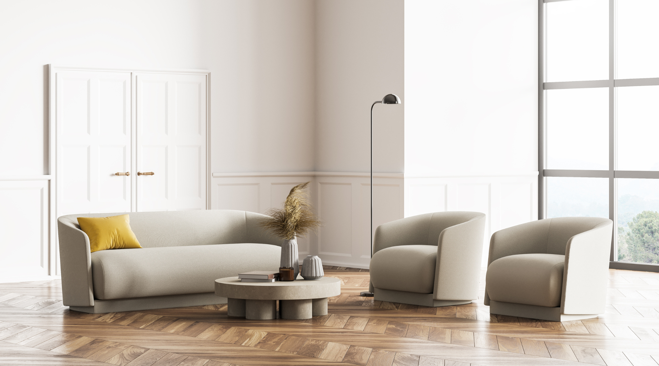 Möbelplatzierung: 5 typische Fehler und unsere Lösungen Cremefarbenes Sofa mit zwei Sesseln und einem Couchtisch auf Parkettboden