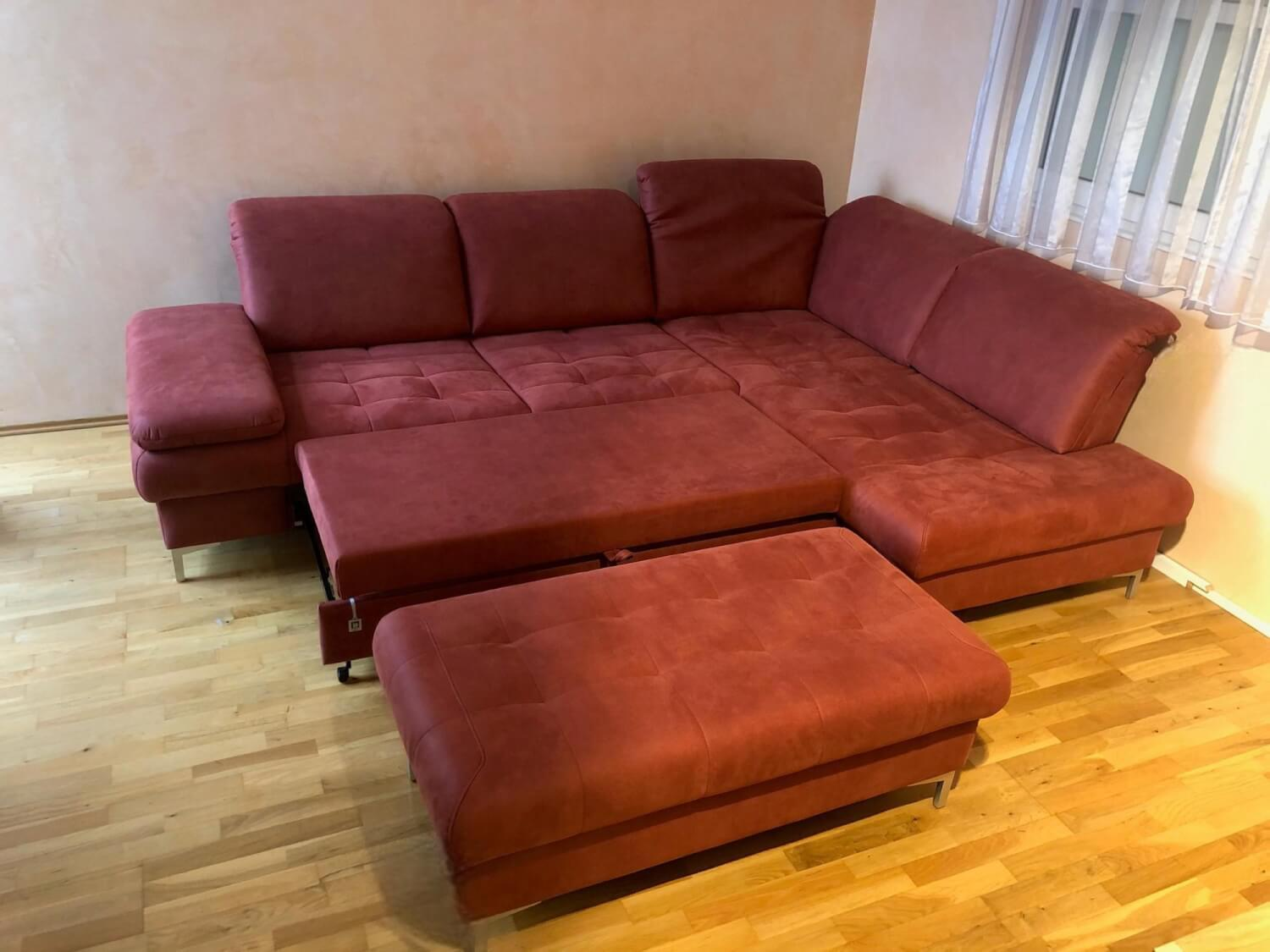 Dietsch - Ecksofa Family Relax 3 Stoff Deluxe Ziegel Rot Füße Metall Mit Bettauszug Inklusive Hocker - 14