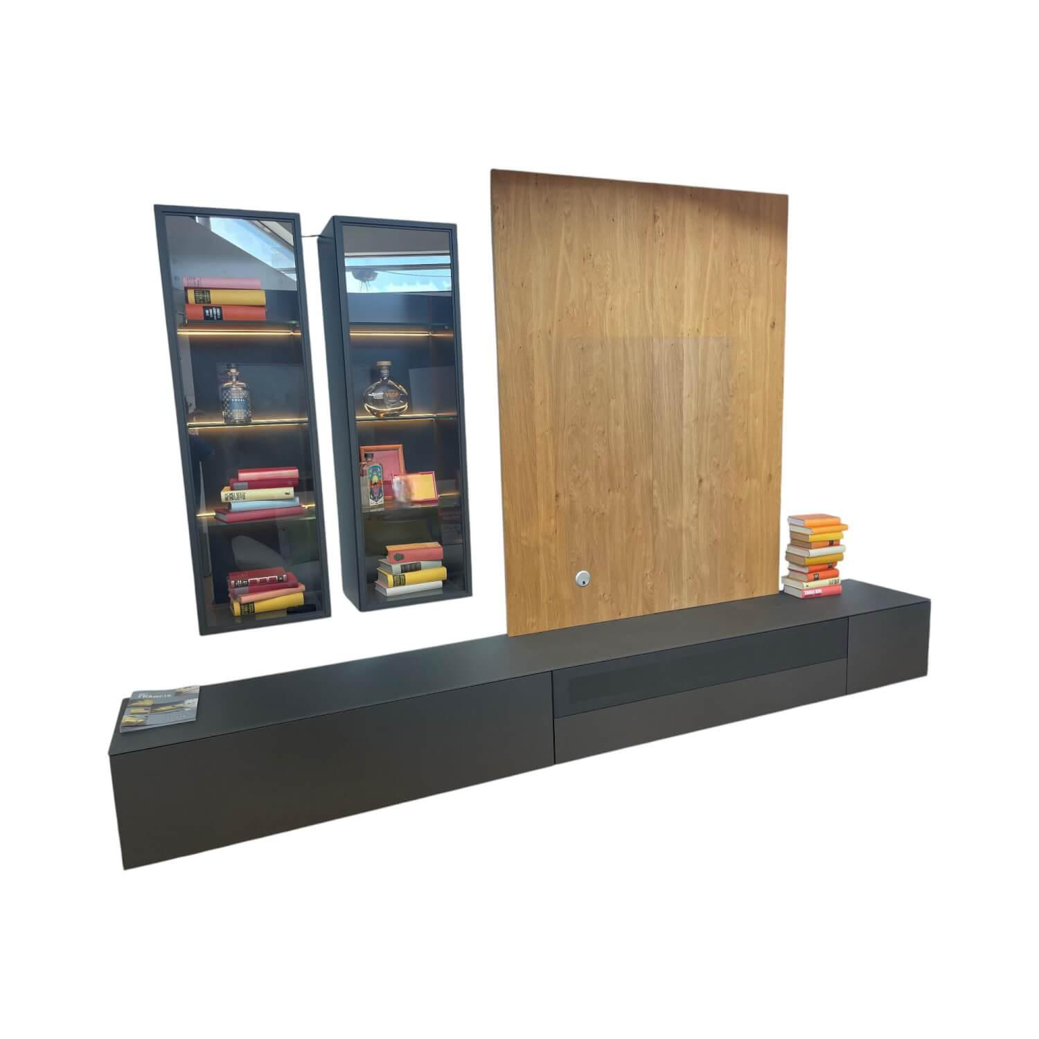 Sudbrock - Wohnkombination Cubo Lack Quarz Schwarz Paneel Eiche Astig Wandschrank Aluminium Glastür Schwarz Mit Beleuchtung - 1
