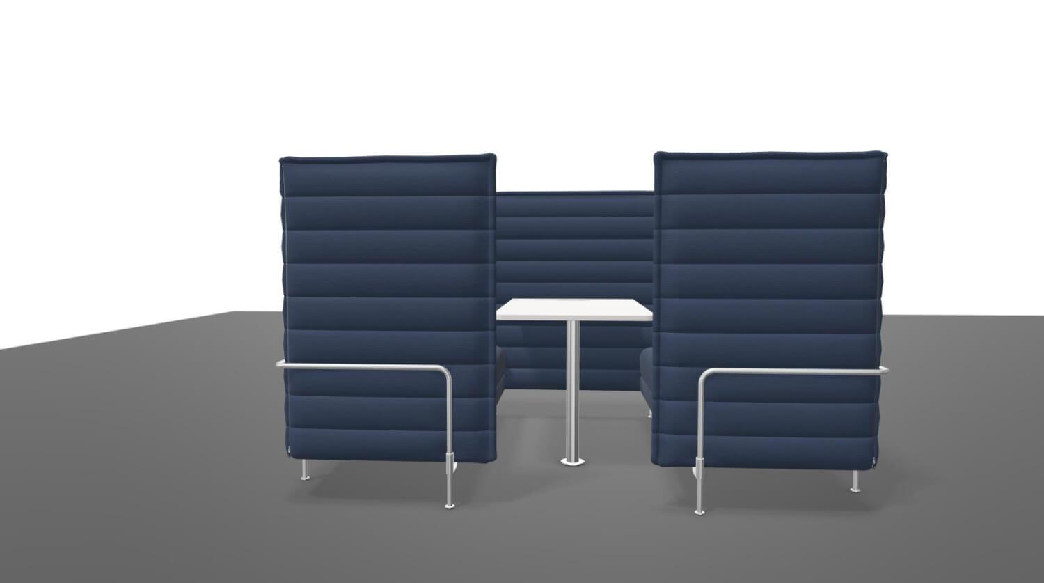 Vitra - Sitzkabine Alcove Cabin Highback Stoff Laser Dunkelblau Blau Moorbraun Braun Rahmen Glanzchrom Mit Tisch MDF Soft Light - 5