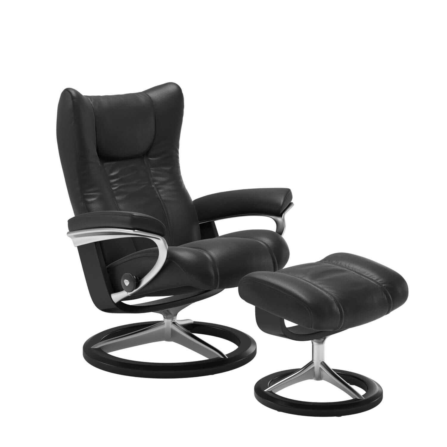Stressless - Stressless Wing M Signature Base Leder Paloma Black mit Hocker - 1