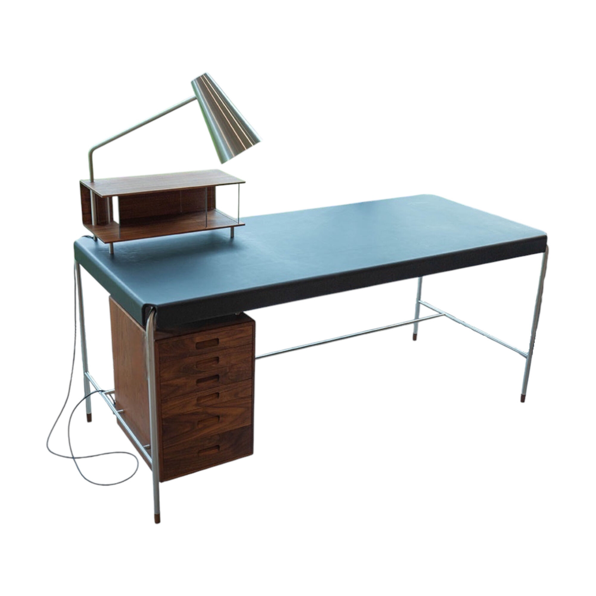 Carl Hansen & Søn - Schreibtisch AJ52 Platte Leder Freja 2002 Schwarz Holz Walnuss Geölt Gestell Edelstahl Inklusive Schreibtischleuchte - 1
