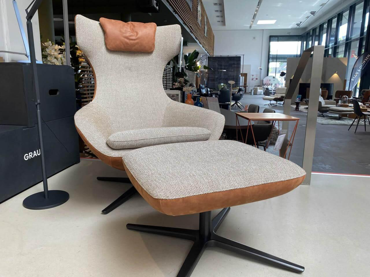 Leolux - Sessel Caruzzo Innen Stoff Sedge Grau Beige Außen Leder Mocha Braun Fuß Epoxy Nuit Silk Schwarz Inklusive Hocker - 4