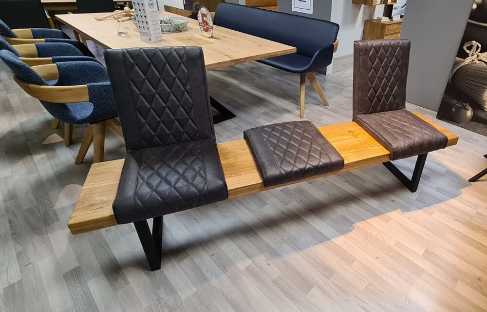 Natura - Essgruppe Cambridge 2 Stühle 2 Bänke Wildeiche Massiv Natur Geölt Stoff Bull Dunkelbraun - 5