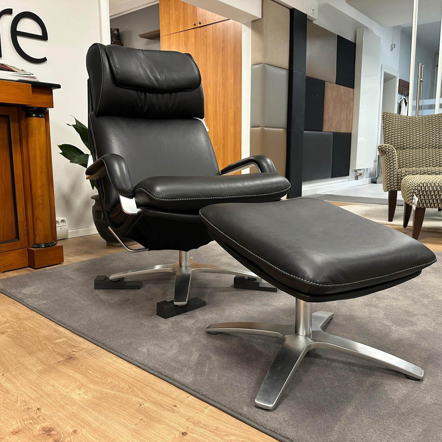 Berg Furniture - Sessel Nasa Hoch Leder Rustical 99991 Schwarz Sternfuß Aluminium Matt Mit Wippfunktion Inklusive Hocker - 5