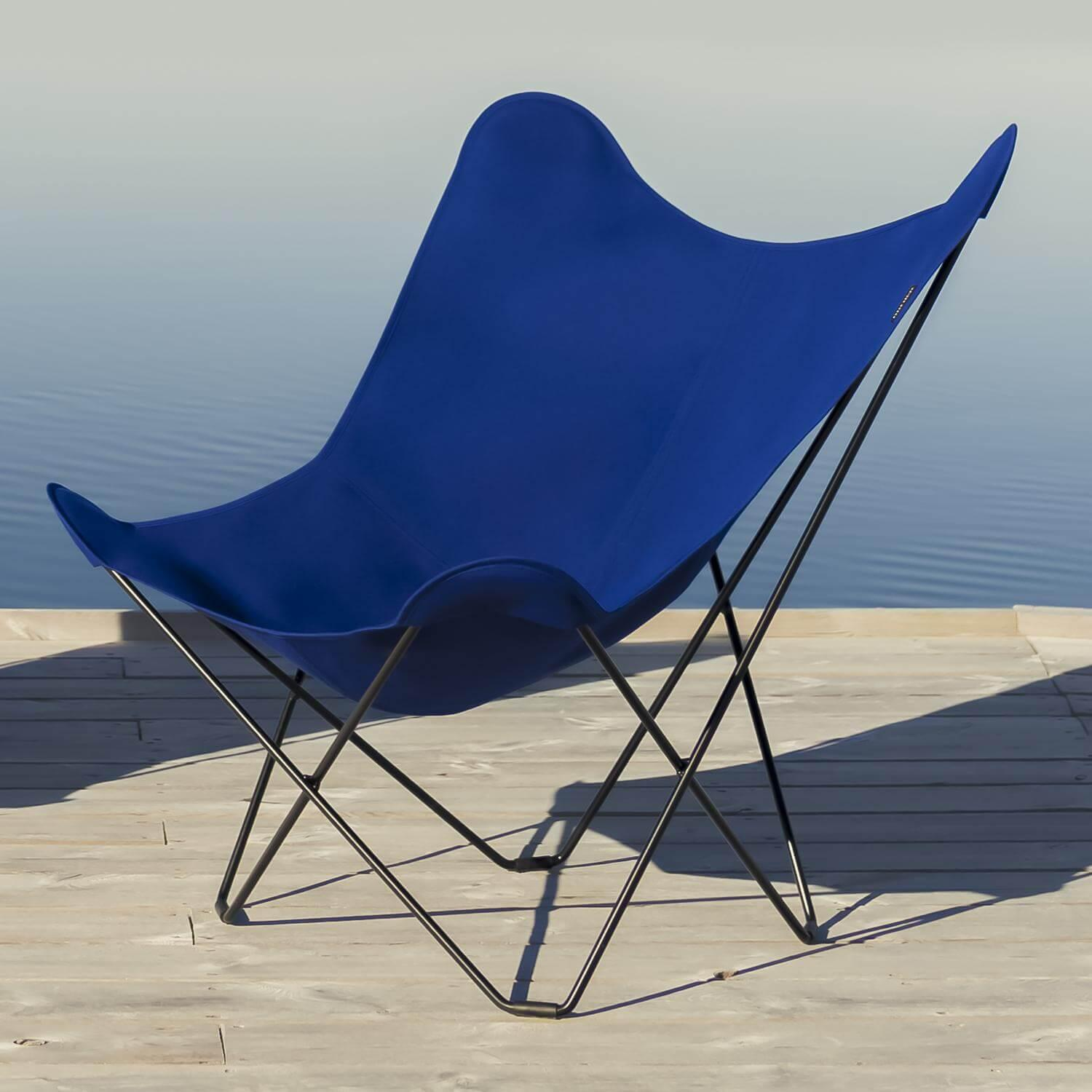 Outdoor Stuhl Sunshine Mariposa Sunbrella Stoff Atlantikblau Blau Gestell Stahl Schwarz