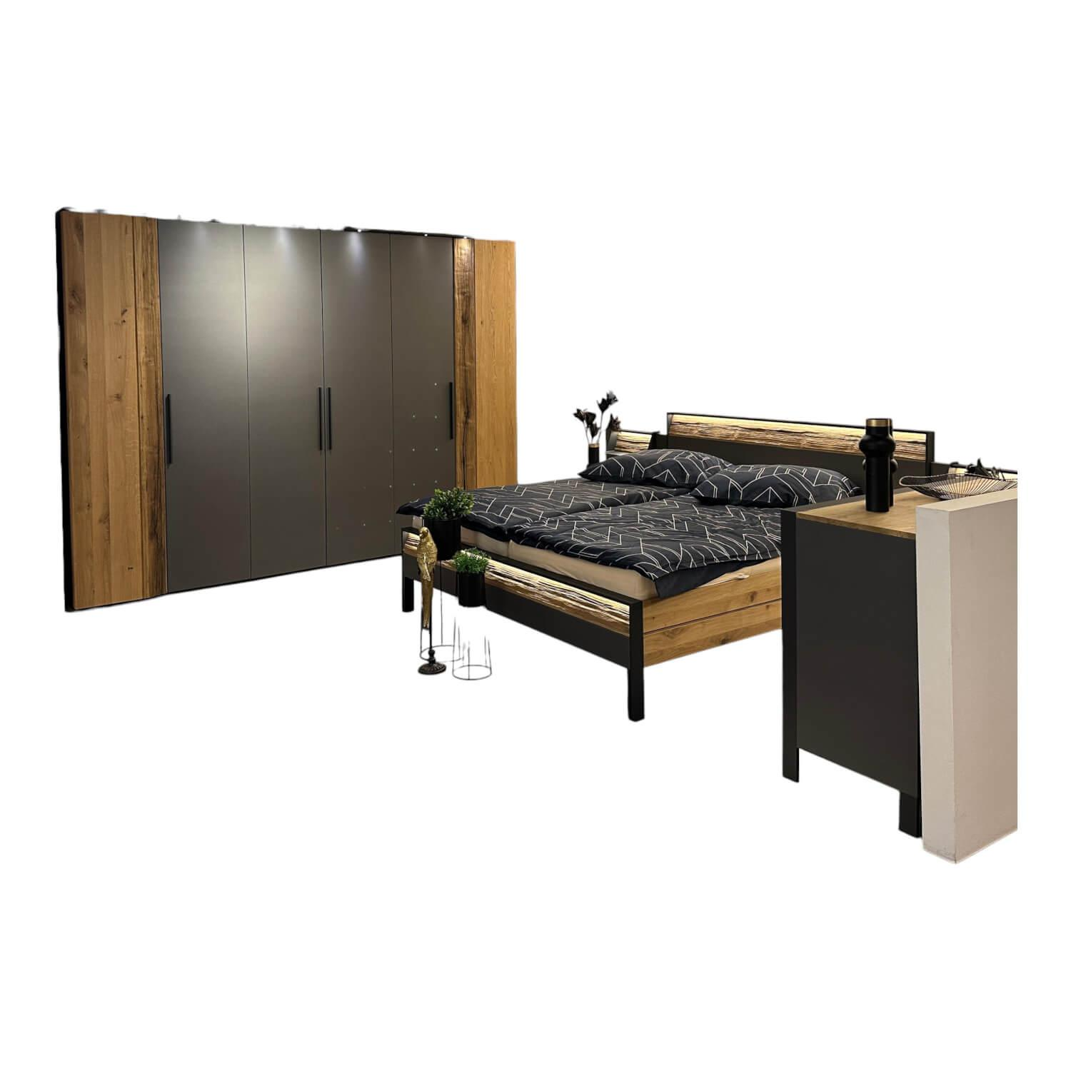Thielemeyer - Schlafzimmer VZ 1 MR Joline Wildeiche Massiv Gebürstet Altholz Eiche Lackiert Und Lack Graphit Inklusive Beleuchtung - 1