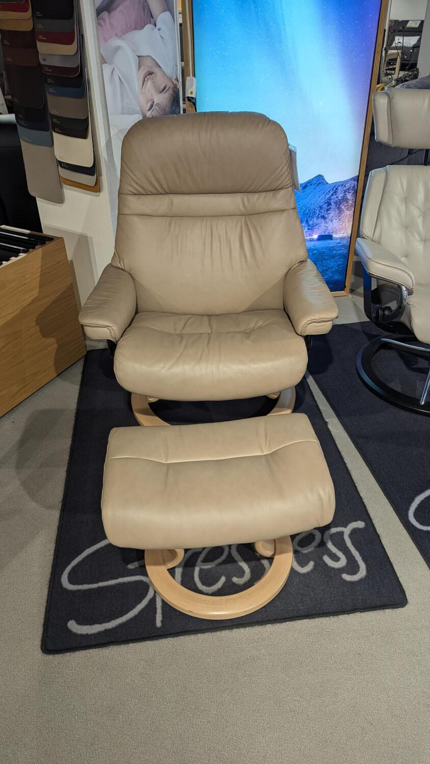 Stressless - Sessel Sunrise L Leder Paloma Sand Beige Gestell Classic Eiche Natur Mit Hocker - 3