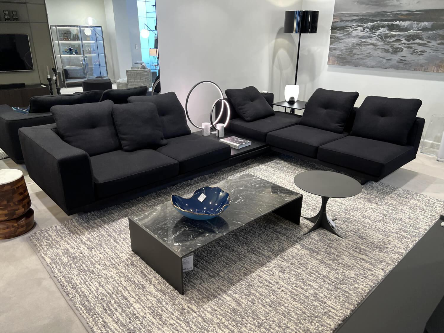 Minotti - Wohnlandschaft Dylan Stoff Ginza Col. 09 Nero Schwarz Basis Leder Nabuk Kufen Zinnfarbig - 6