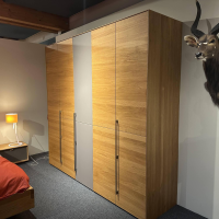 Team 7 - Drehtürenschrank Lunetto Eiche Naturöl Farbglas Taupe Matt Griffstange Kubisch - 5