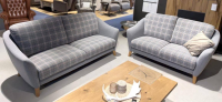 Schröno - 2er-Set Sofa Seefeld Stoff 651801 Grau Kariert Füße Eiche Massiv Natur Inklusive Sessel - 2