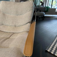 Zanotta - Sessel Maggiolina Stoff Trama 30 Naturale Grau Beige Schale Kernleder Gold Gestell Stahl Poliert Inklusive Hocker - 6