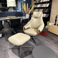 Leolux - Sessel Cream Plus R10 101 Leder Off White Weiß Schale Nussbaum Fuß Pure Epoxy Charcoal Matt Schwarz Mit Hocker - 8