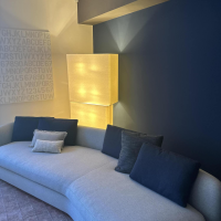 Minotti - Stehleuchte Blanche Schirm Leinen Weiß Gestell Nickel Struktur Black Schwarz Oberer Schirm Drehbar - 2