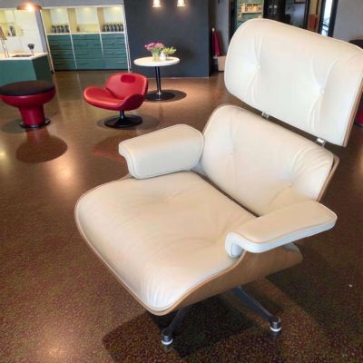 Vitra - Armchair Lounge Chair with Ottoman Leather White Walnut New Dimensions - 5