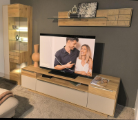 Decker - Wohnkombination Carson Asteiche Massiv Bianco Geölt Front Akzent Glas Schlamm Satiniert Inklusive LED Beleuchtung - 5