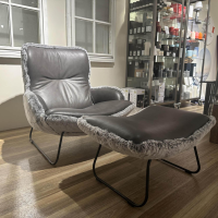 Paul Lindberg - Sessel Minu Sitzfläche Leder Elegance Anthrazit Rücken Webpelzbezug Eisbär Grey Grau Füße Schwarz Pulverbeschichtet Mit Hocker - 7