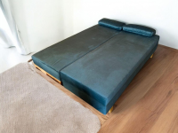 Eigene Herstellung - Schlafsofa Stoff Velour Petrol Blau Gestell Eiche Hell Mit Bettkasten - 5