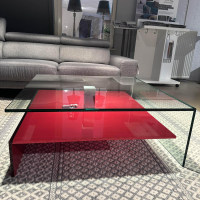 Dreieck - Couchtisch Nuo Platte Glas Untergestell Glas Rubinrot Lackiert Mittelsäule Edelstahl Gebürstet - 5