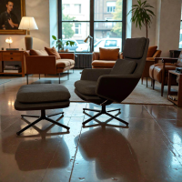 Vitra - Sessel Grand Relax Sitz Stoff Dumet 33 Carbon Grau Rücken Leder Forte Decor Nero Schwarz Gestell Basic Dark Schwarz Mit Hocker - 4