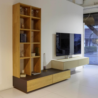 Mobilari - Wohnwand Cubus Pure Eiche Massiv Natur Geölt Glas Matt Dunkelbraun Und Sand Beige - 3