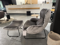 Paul Lindberg - Armchair Minu Seat Leather Elegance Anthracite Back Faux fur cover Polar Bear Grey Grey Feet Black Powder-coated With stool - 4